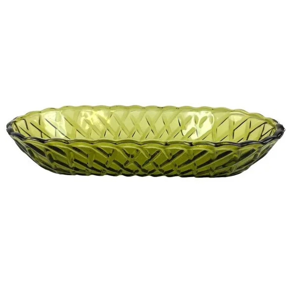 Vintage Indiana Glass Co Avocado Green Celery Dish Pretzel Pattern - Picture 4 of 11